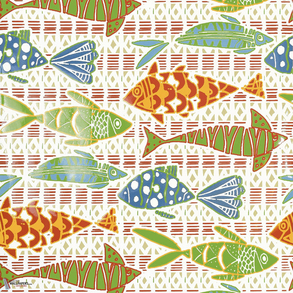 Batik fish wallpaper-Thibaut-Coral and blue-Roll-Selected Wallpapers-Interiors