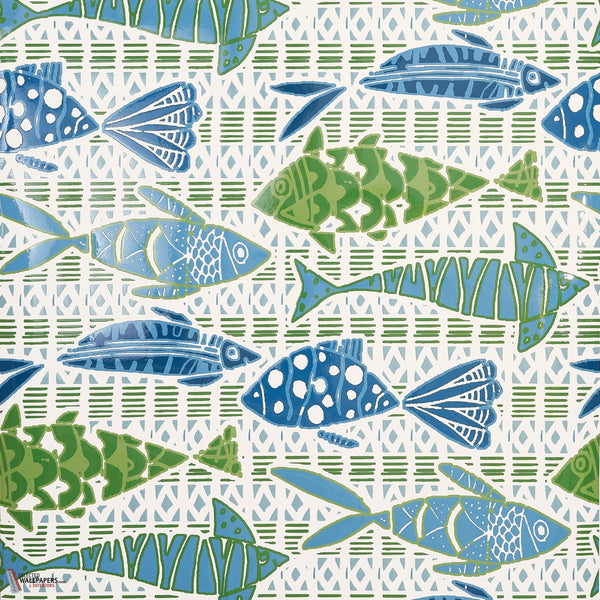 Batik fish wallpaper-Thibaut-Blue and green-Roll-Selected Wallpapers-Interiors