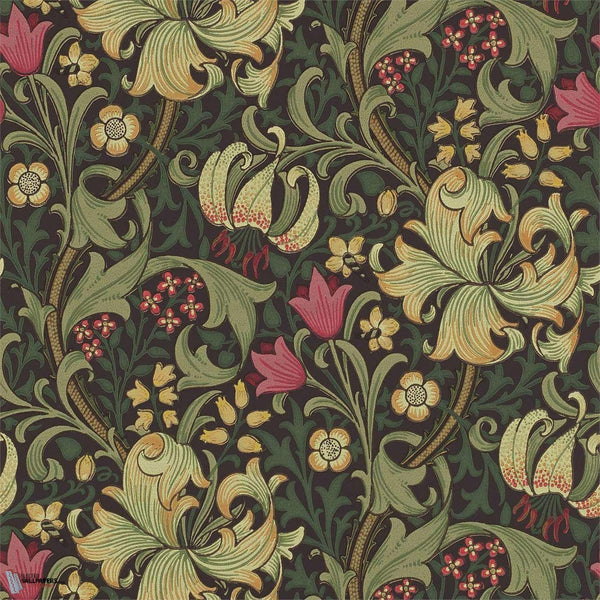 Golden Lily wallpaper in Charcoal/Olive van Morris & Co