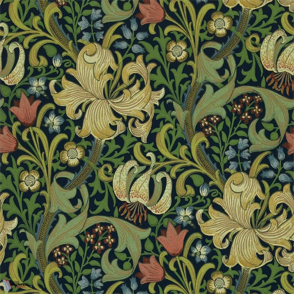 Golden Lily wallpaper in Indigo van Morris & Co
