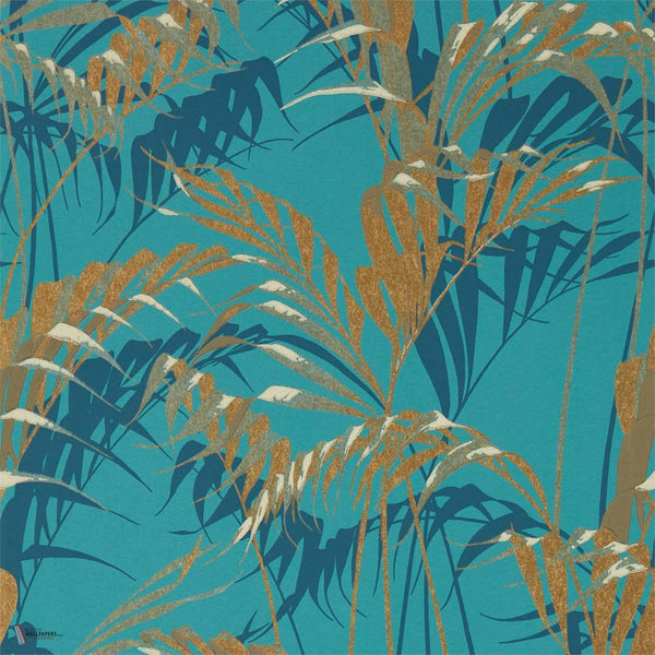 Palm House wallpaper in Teal/Gold van Sanderson