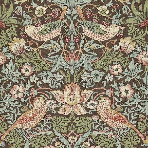 Strawberry Thief wallpaper in Chocolate/Slate van Morris & Co
