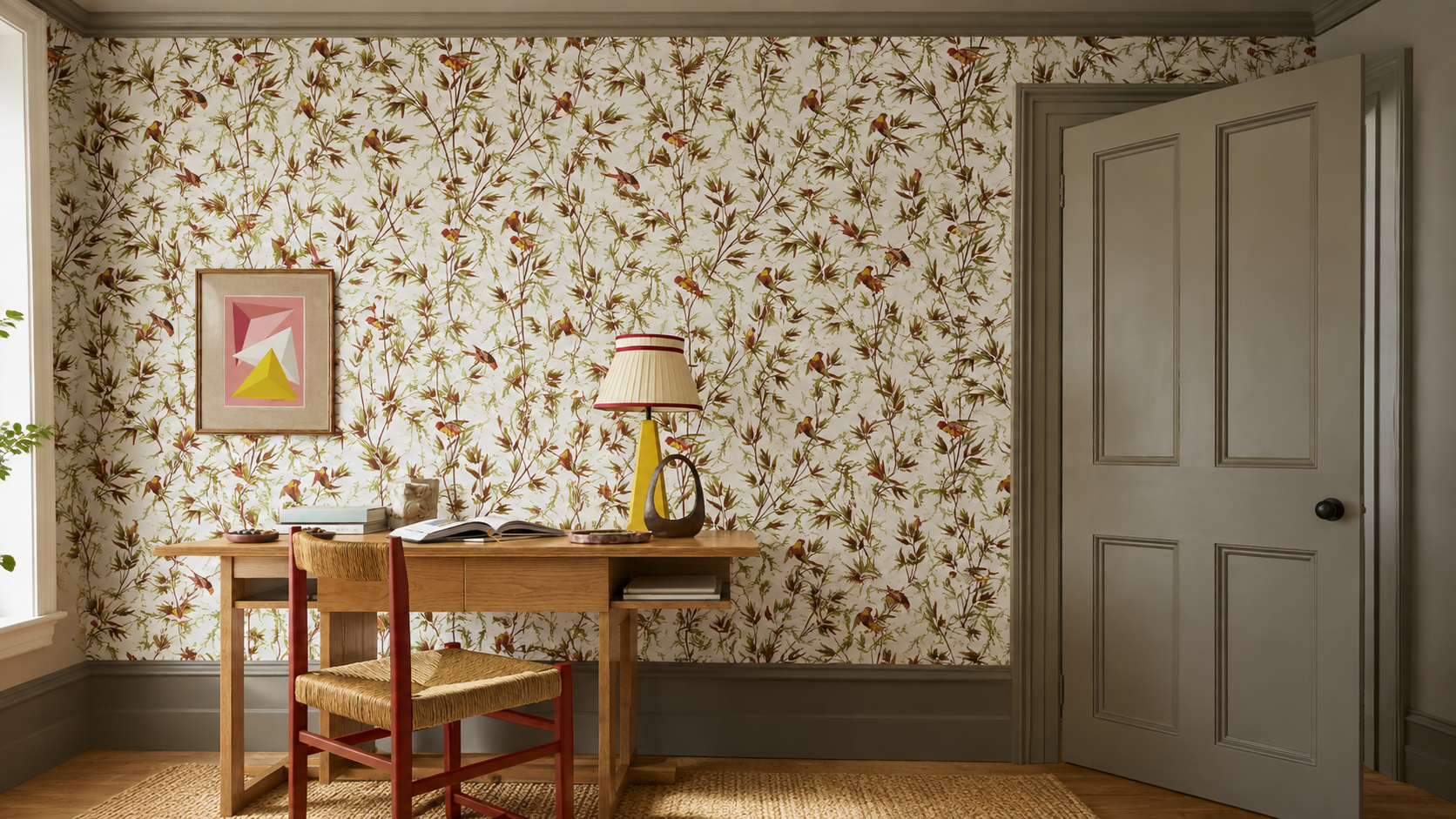 Interieur met Little Greene Great Ormond Street-behang en bijpassende verfkleuren op deur, houtwerk en plafond.