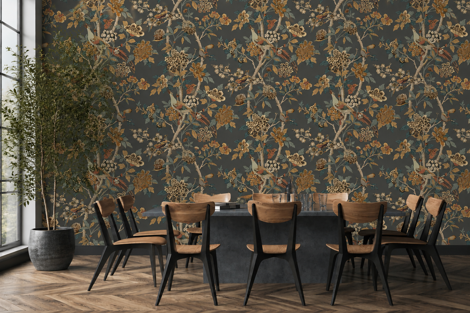 GP & J Baker Hydrangea Bird behang BW45091.1 met vogel- en bloemenpatroon.