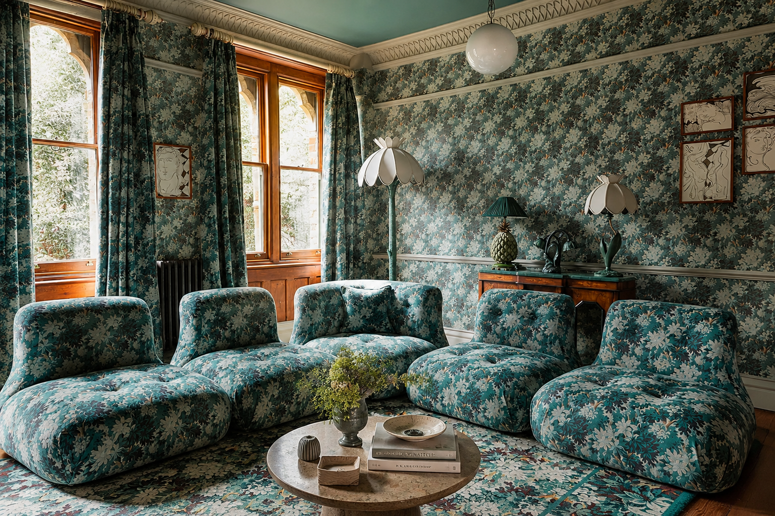 Pattern Drenching interieur met bloemenbehang en bijpassende patronen in blauwgroene tinten