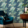 Aurora wallpaper in Lagoon by 1838 wallcoverings — interior