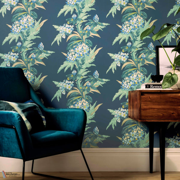 Aurora wallpaper in Lagoon by 1838 wallcoverings — interior