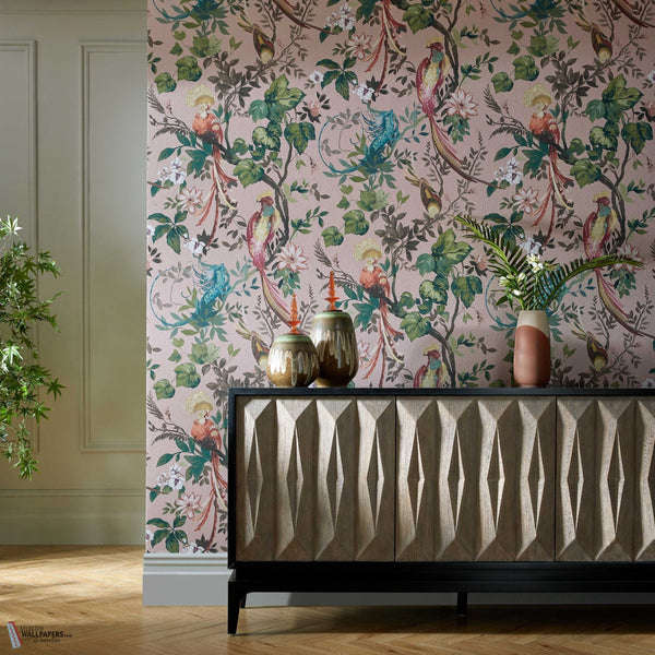 Bird Sonnet wallpaper in Blush Pink by 1838 wallcoverings — interior