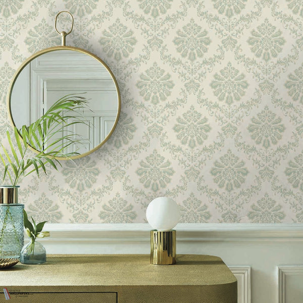 Broughton wallpaper in Seafoam by 1838 wallcoverings — interior