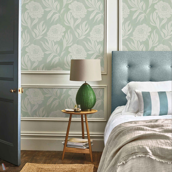 Chatsworth wallpaper in Duck Egg by 1838 wallcoverings — interior