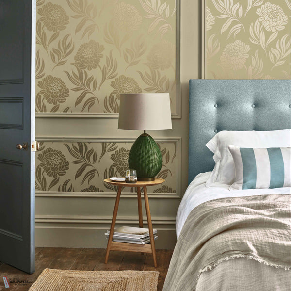 Chatsworth wallpaper in Gold by 1838 wallcoverings — interior