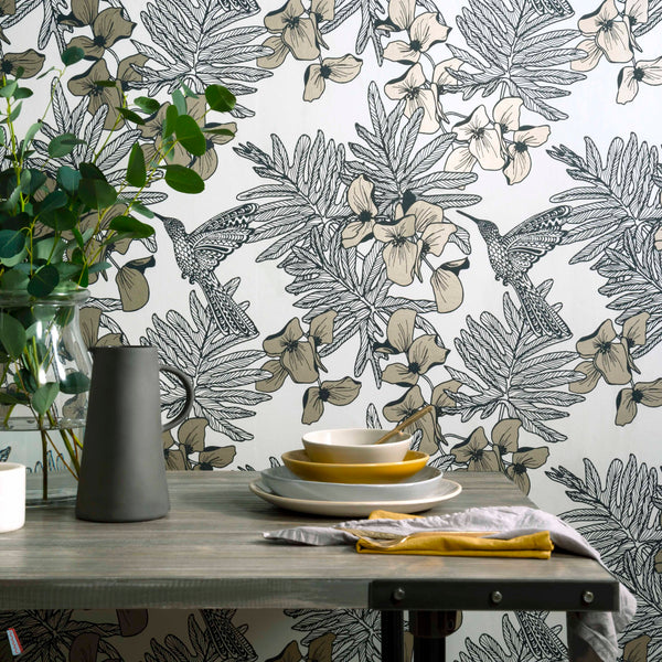 Hummingbird behang in Jet van 1838 wallcoverings — interieur