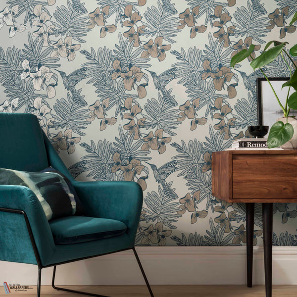 Hummingbird wallpaper in Lagoon by 1838 wallcoverings — interior