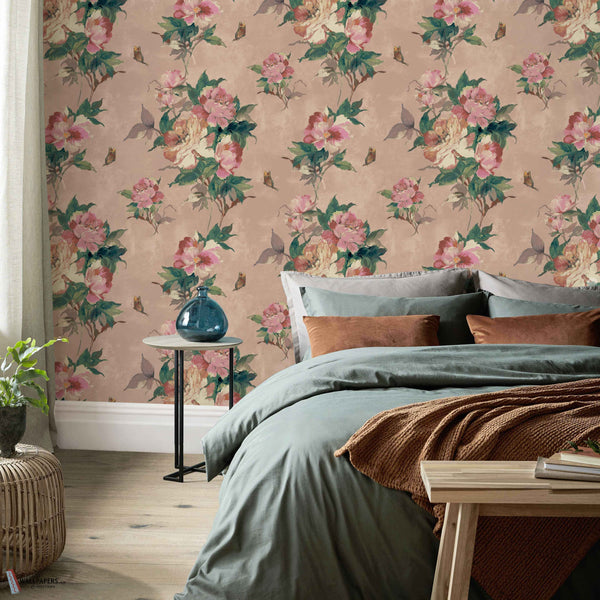 Madama Butterfly wallpaper in Coral by 1838 wallcoverings — interior