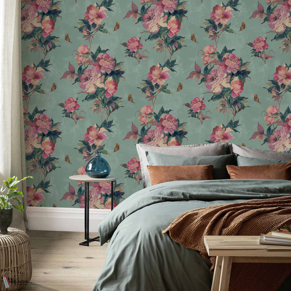 Madama Butterfly Tapete in Teal von 1838 wallcoverings — Interieur