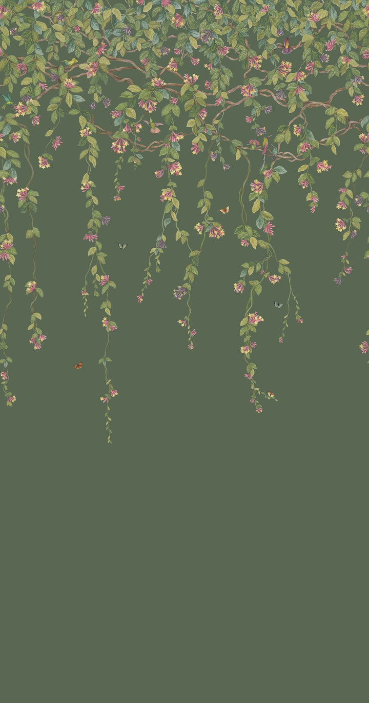 Hummingbirds Flora-Cole & Son-Fuchsia on Racing Green-Set-Selected-Wallpapers-Interiors