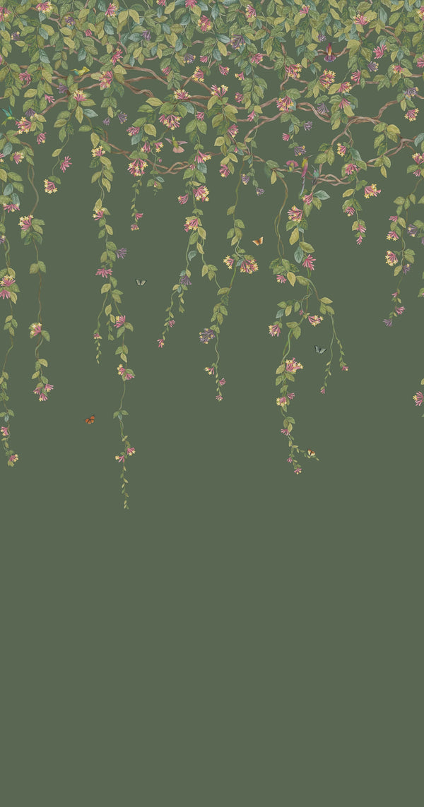 Hummingbirds Flora-Cole & Son-Fuchsia on Racing Green-Set-Selected-Wallpapers-Interiors