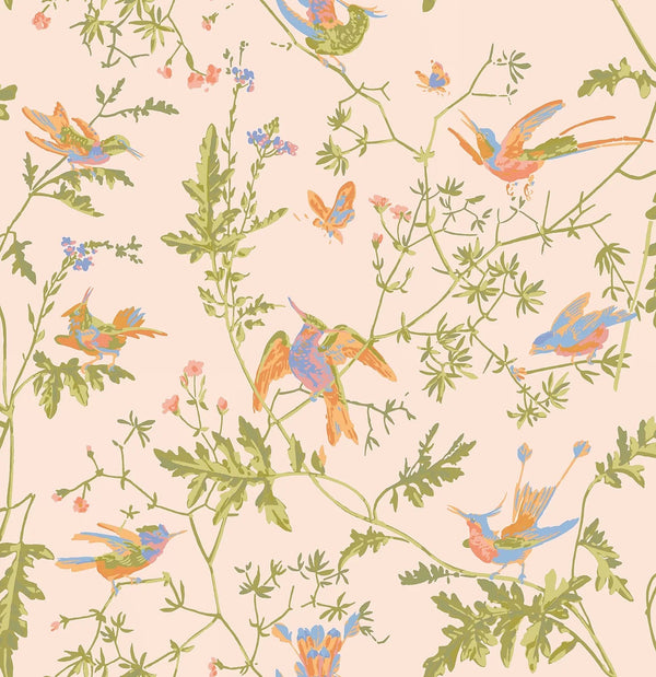 Hummingbirds-Cole & Son-Tangerine & Olive on Blush-Roll-Selected-Wallpapers-Interiors