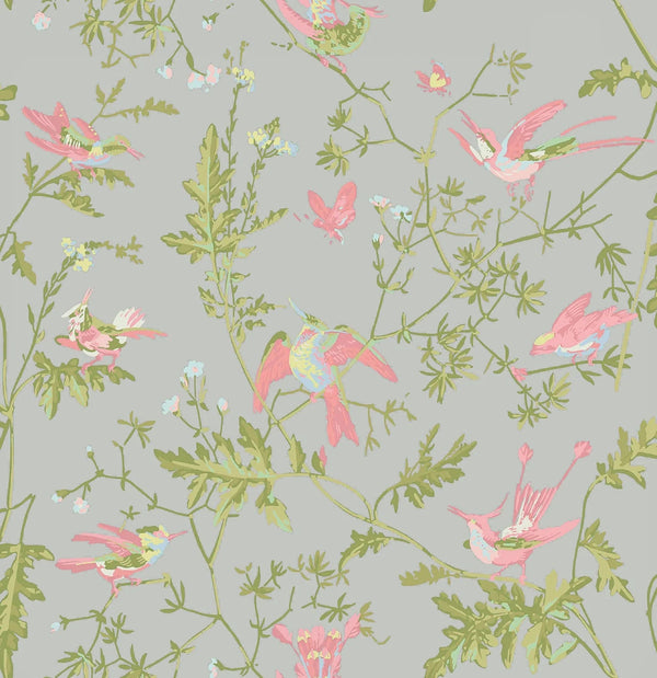 Hummingbirds-Cole & Son-Rose & Olive on Grey-Roll-Selected-Wallpapers-Interiors