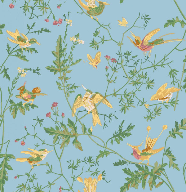 Hummingbirds-Cole & Son-Buttercup Yellow on Cornflower Blue-Roll-Selected-Wallpapers-Interiors