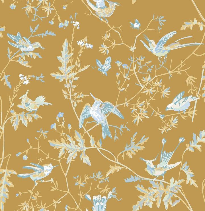 Hummingbirds-Cole & Son-Ice Blue on Metallic Gold-Rol-Selected-Wallpapers-Interiors