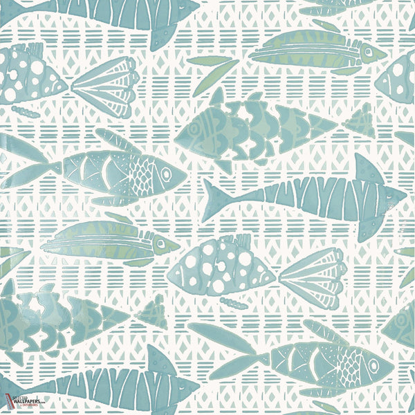 Batik fish wallpaper-Thibaut-Spa blue-Roll-Selected Wallpapers-Interiors