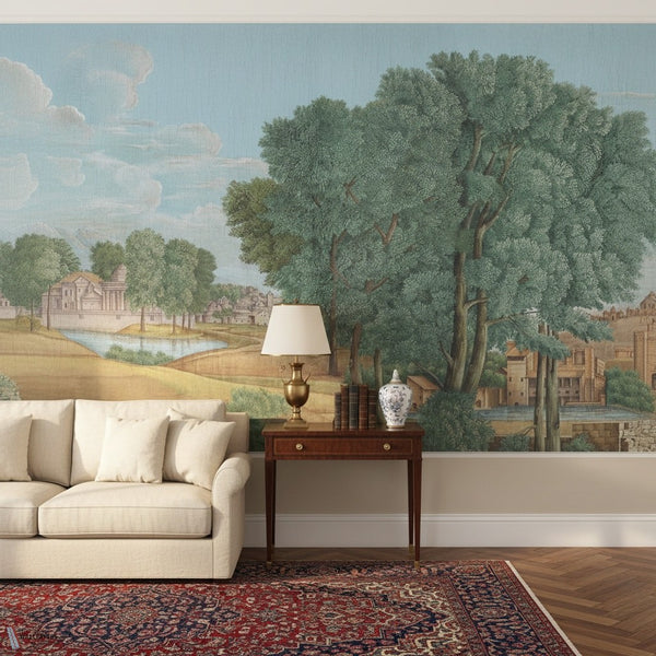 Arcadia behang van Iksel — sfeerbeeld in een klassiek interieur