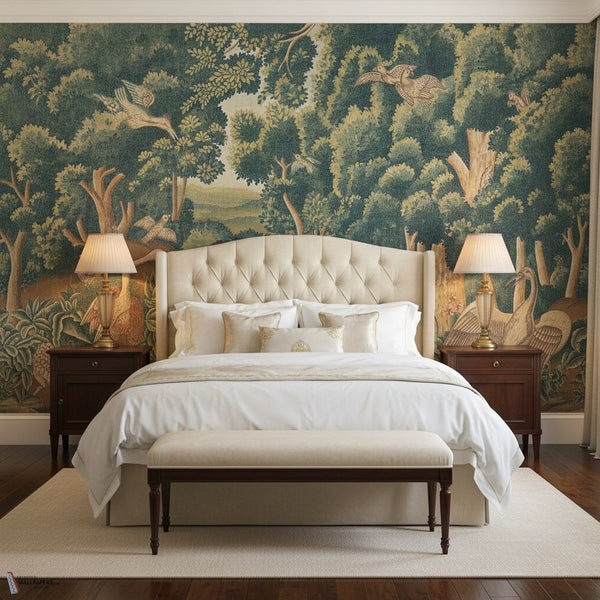 Bird Tapestry Tapete von Iksel — inszeniert in einem klassischen Interieur