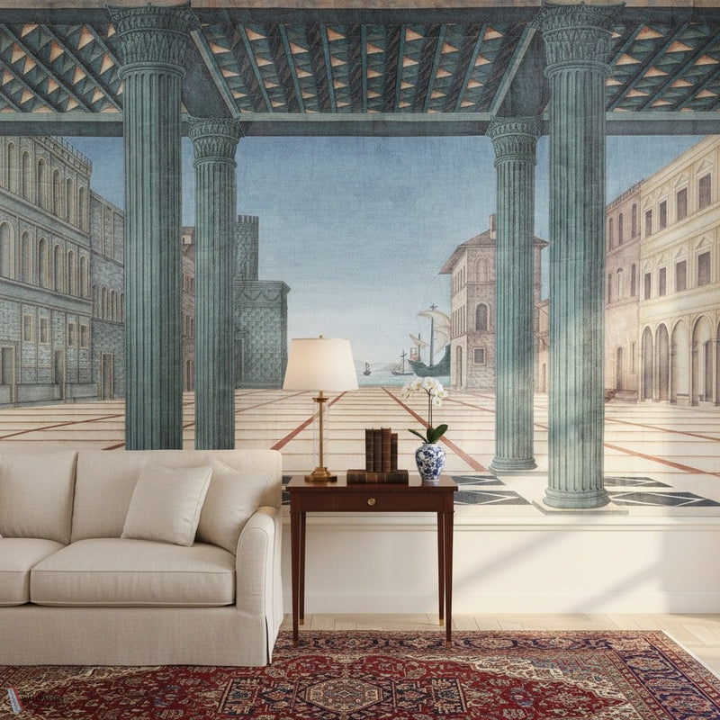 Brunelleschi Perspective behang van Iksel — sfeerbeeld in een klassiek interieur