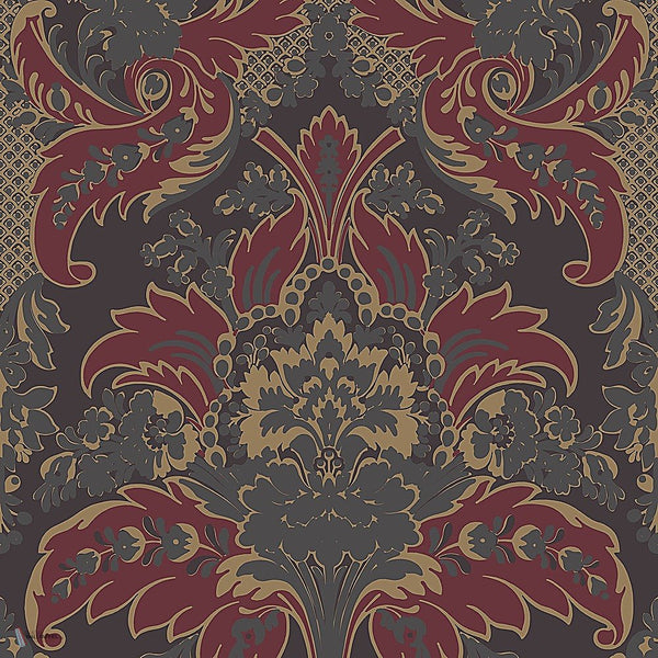 Aldwych behang in Metallic Gilver & Crimson on Charcoal van Cole & Son