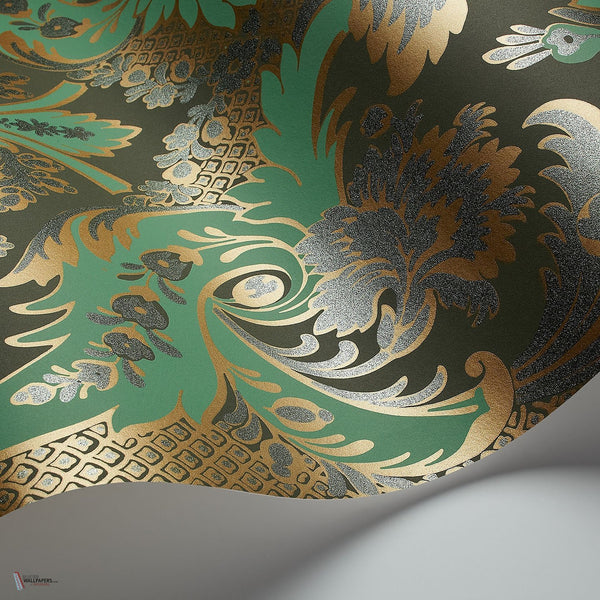 Aldwych behang in Metallic Gold & Viridian on Dark Viridian van Cole & Son