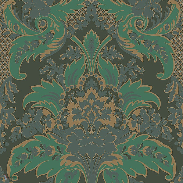 Aldwych behang in Metallic Gold & Viridian on Dark Viridian van Cole & Son