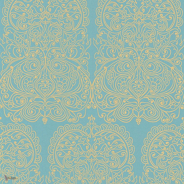 Alpana behang in Metallic Gold on Petrol van Cole & Son