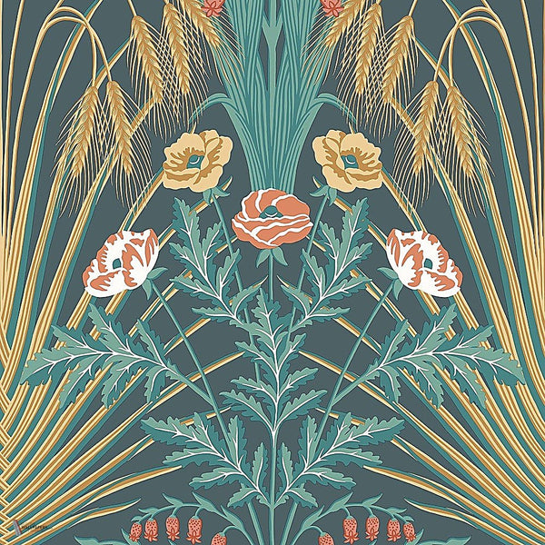 Bluebell behang in Viridian, Metallic Gold & Coral on Dark Viridian van Cole & Son