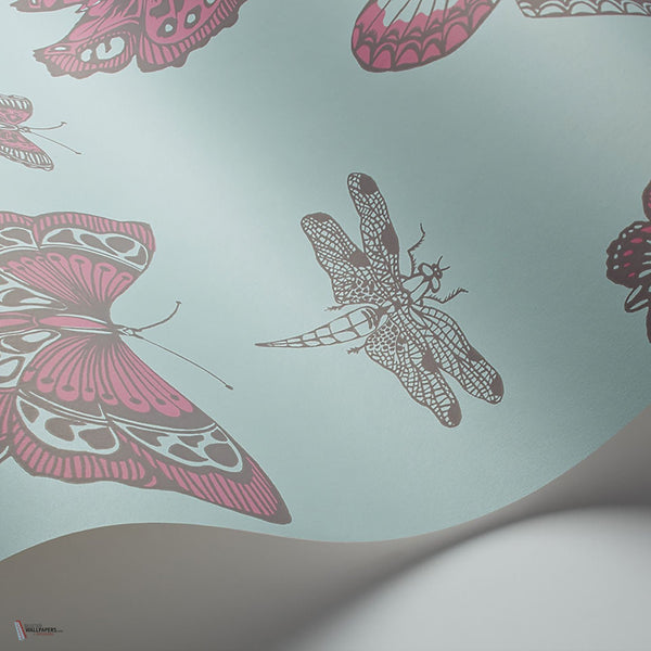 Butterflies & Dragonflies behang in Fuchsia & Mink on Seafoam van Cole & Son