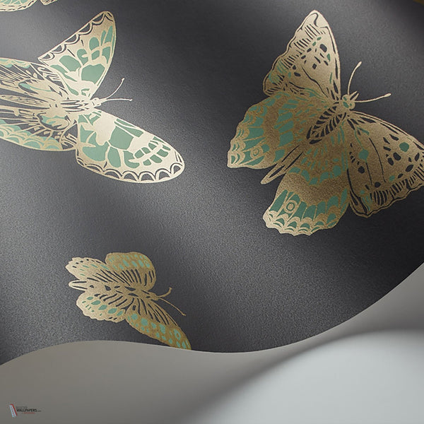 Butterflies & Dragonflies behang in Viridian & Metallic Gold on Charcoal van Cole & Son