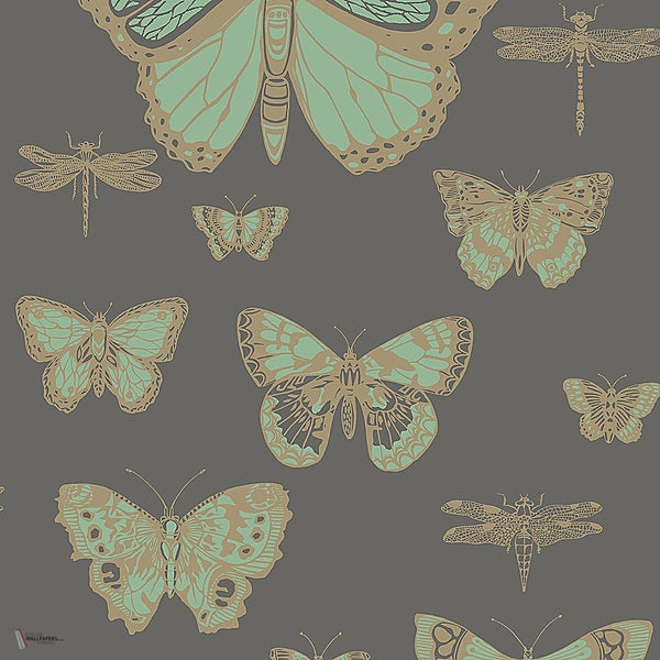 Butterflies & Dragonflies behang in Viridian & Metallic Gold on Charcoal van Cole & Son