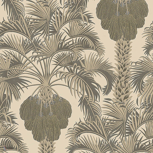 Hollywood Palm behang in Metallic Silver & Charcoal on Parchment van Cole & Son