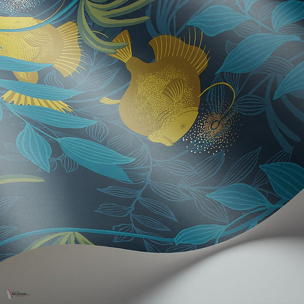 Nautilus behang in Chartreuse & Petrol on Midnight van Cole & Son