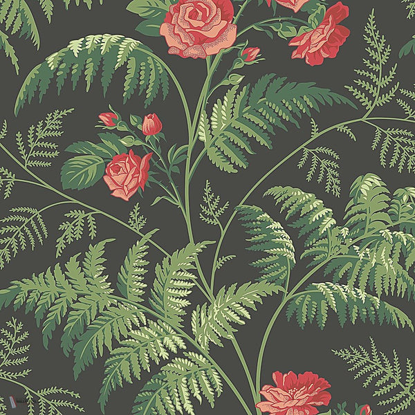 Rose behang in Red & Leaf Green on Charcoal van Cole & Son