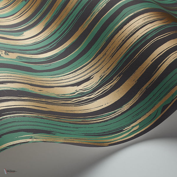Strand behang in Metallic Bronze & Viridian on Soot van Cole & Son