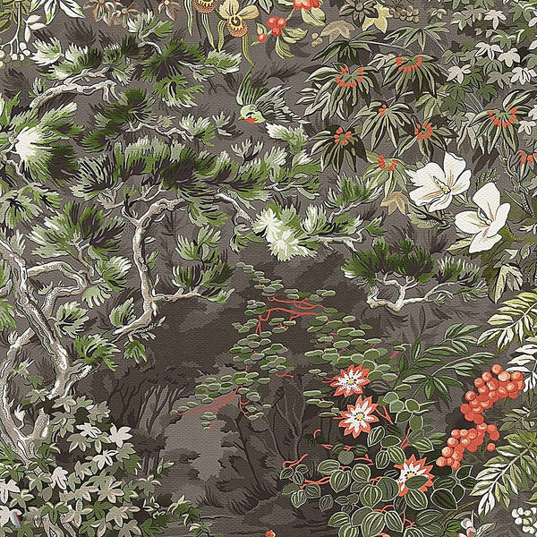 Woodland behang in Coral & Olive on Soot van Cole & Son