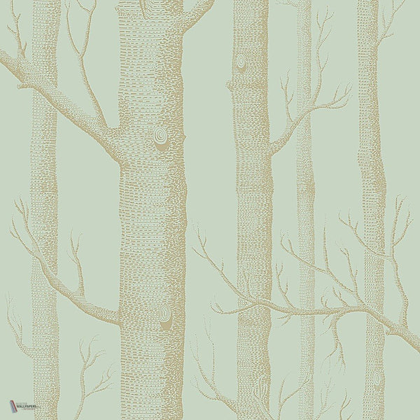 Woods Whimsical behang in Metallic Gold on Duck Egg van Cole & Son
