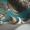 Wyndham behang in Metallic Gilver & Dark Viridian on Petrol van Cole & Son