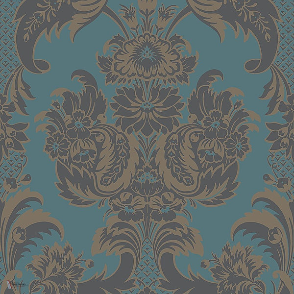 Wyndham behang in Metallic Gilver & Dark Viridian on Petrol van Cole & Son
