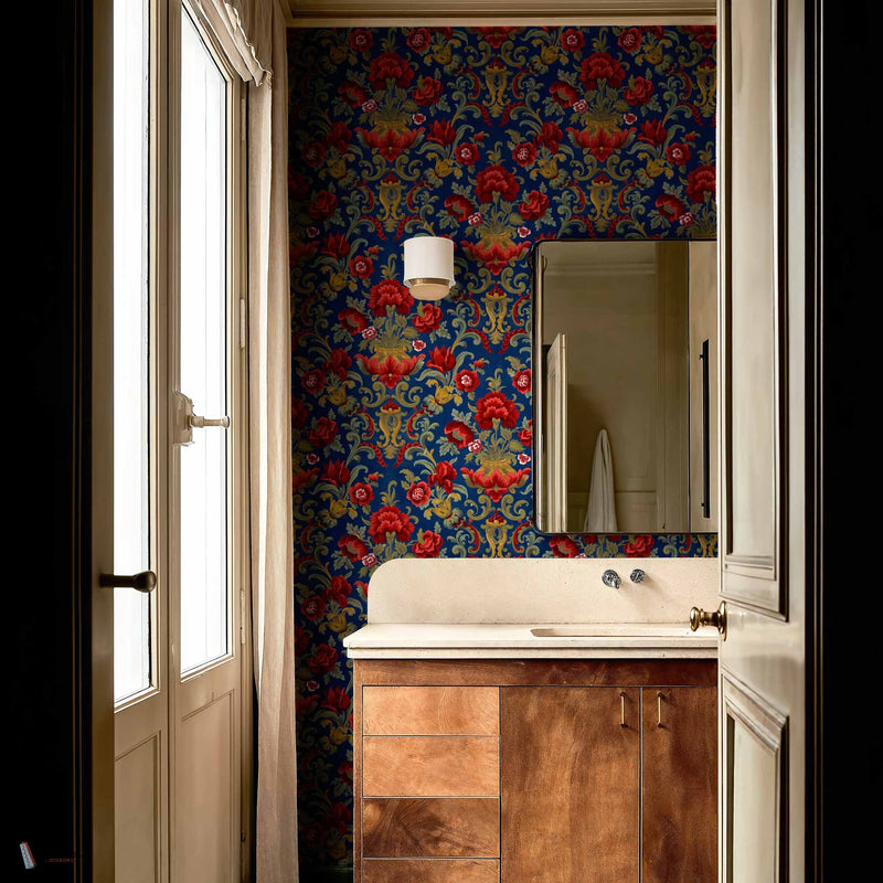Aranjuez Damask wallpaper in Vermilion by Coordonne — interior