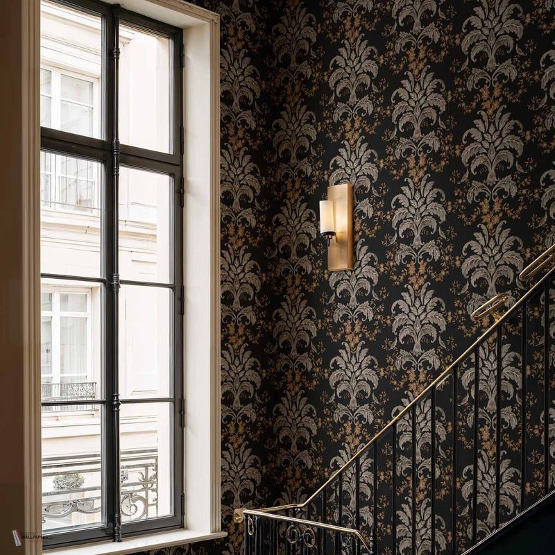 French Damask wallpaper in Onyx by Coordonne — interior