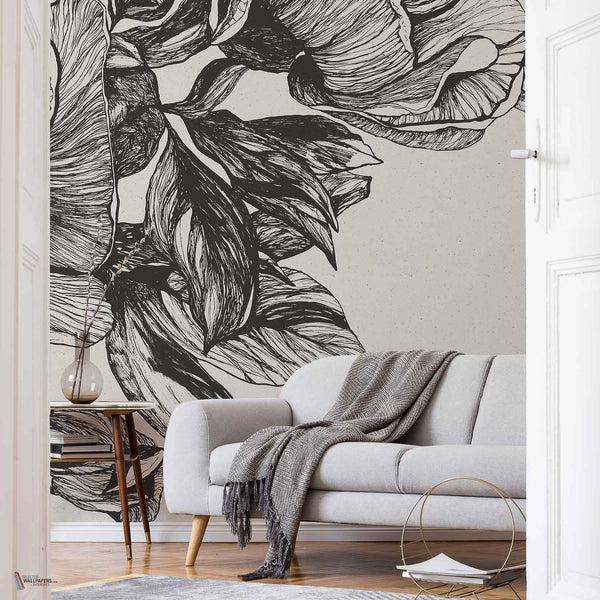 Giant Peonies wallpaper in Ink by Coordonne — interior