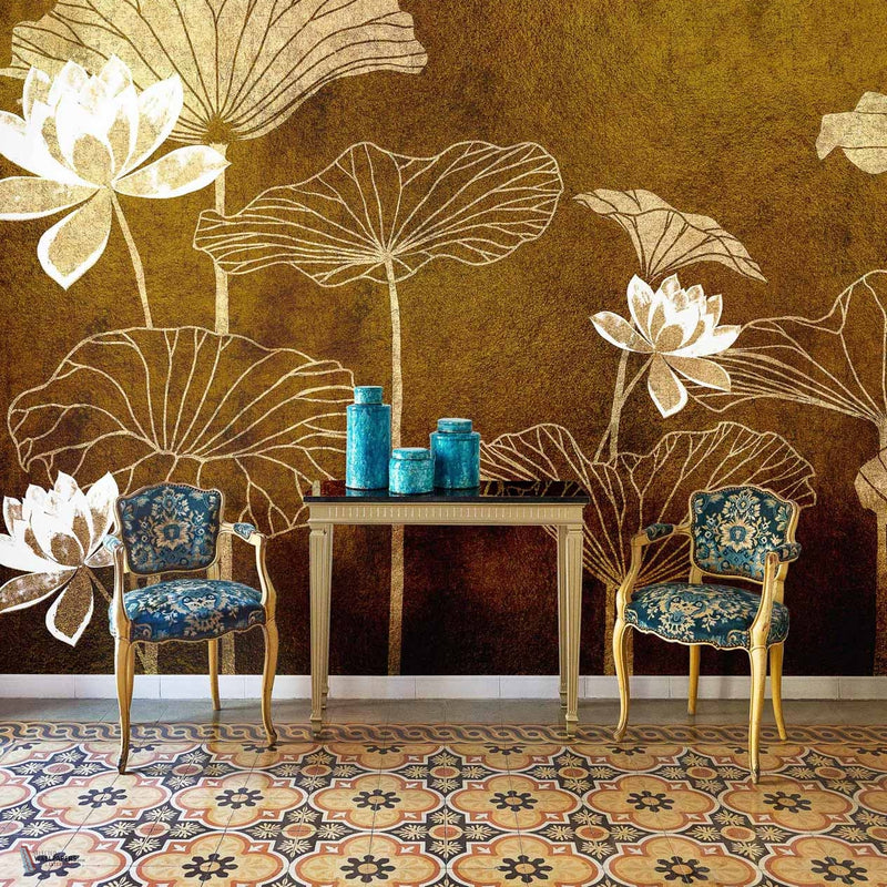 Nympha Metallics wallpaper in Gold by Coordonne — interior