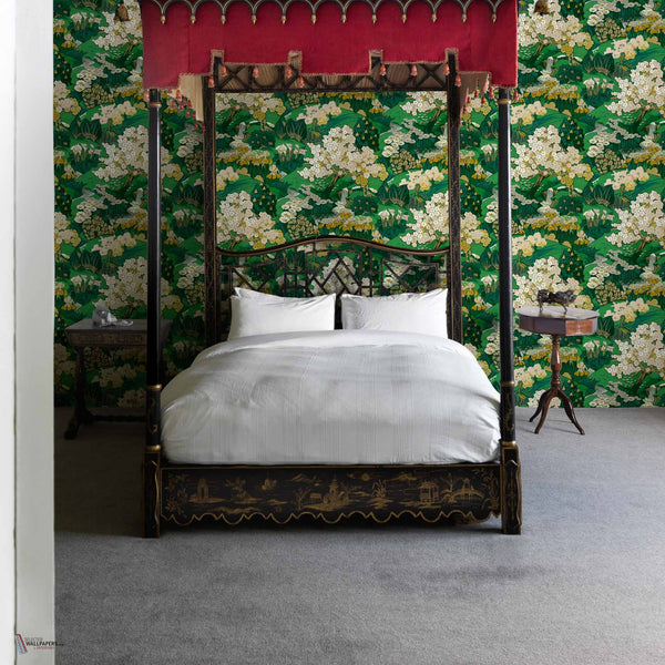 Yu Garden wallpaper in Emerald by Coordonne — interior